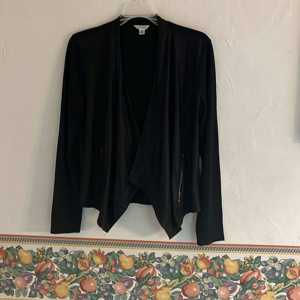 Calvin Klein Open Front Zip Pocket Cardigan, Size S/P, Black